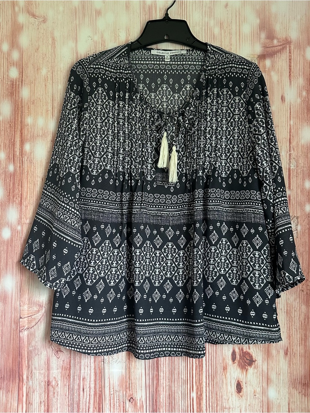 Collective Concepts Black Tassel Tie White Boho Print 3/4 Sleeve Blouse Size M